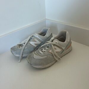 New Balance Light Gray and Orange 574 Sneakers